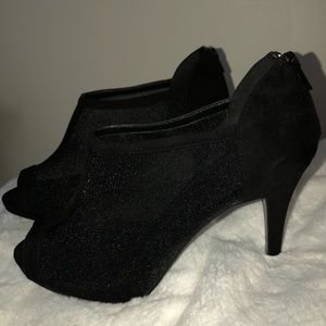 Black open-toe mesh heels. Size 8
